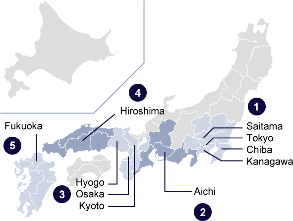 1 Saitama Tokyo Chiba Kanagawa 2 Aichi 3 Hyogo Osaka Kyoto 4 Hiroshima 5 Fukuoka
